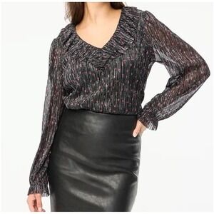 J. Crew Black Metallic Floral Ruffle  Long Sleeve Blouse Top M boho whimsi Y2K